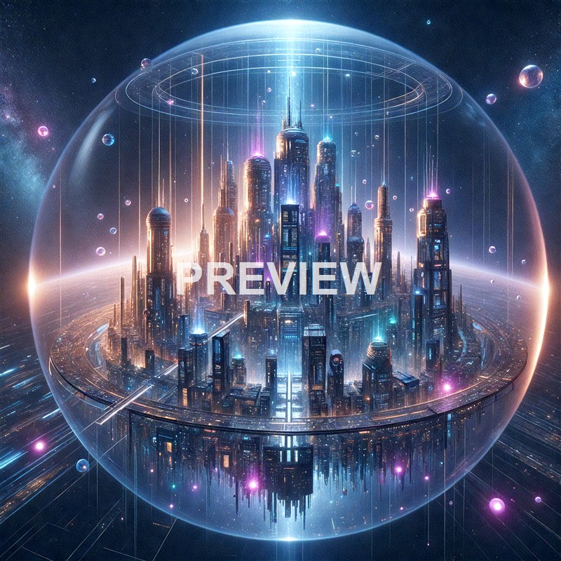 A futuristic cityscape with towering skyscrapers enclosed within a transparent spherical bubble, set against a starry outer space background with various celestial bodies.
